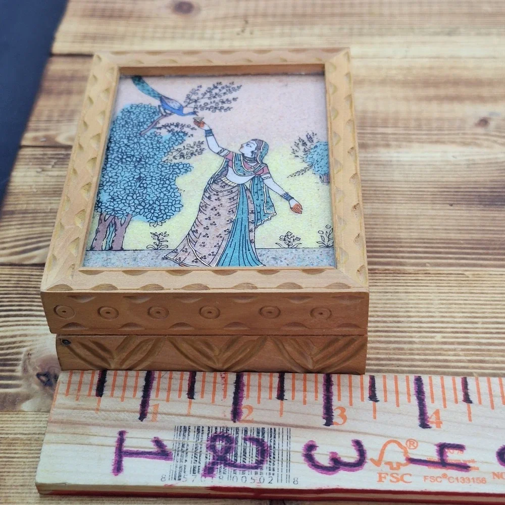 Vintage Indian Wood Jewelry Box Gemstone Sand Painting Peacock Hand Carved